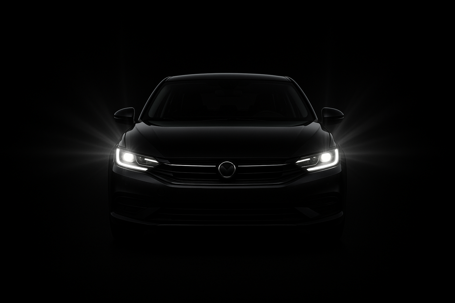 une voiture noire de face avec phare allumé sur un fond noir, elle doit être assez petite pour être visible entièrement sur format téléphone
